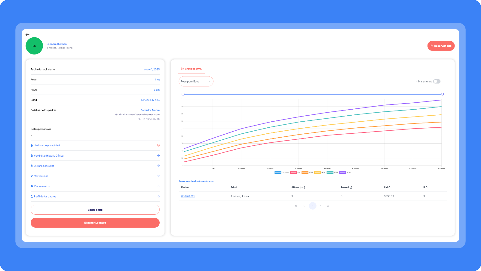 Pediatric EHR interface showing patient growth charts and medical records